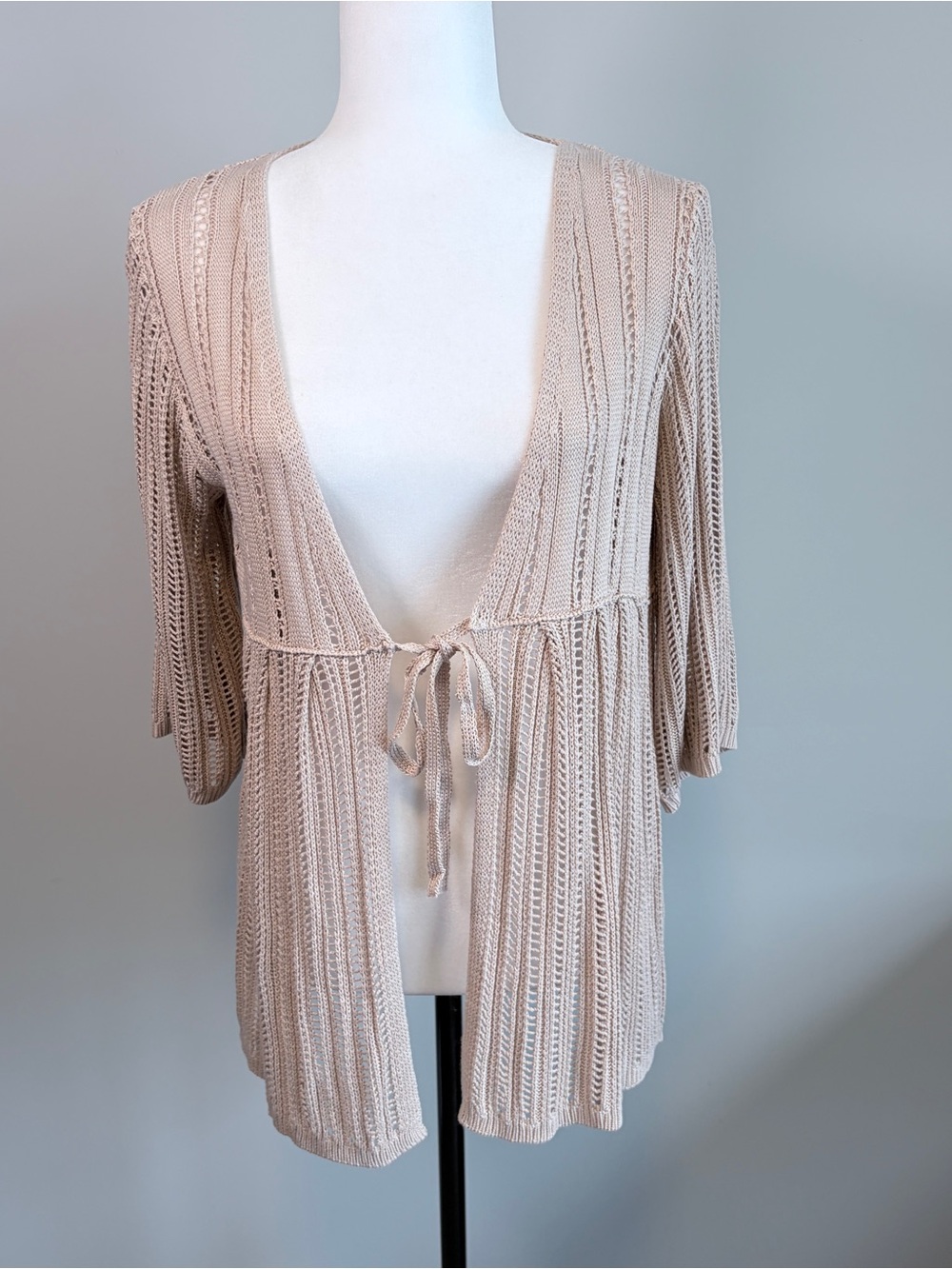 Grace Karin Crochet Knit Cardigan Open Front Boho Festival Beige Size M
